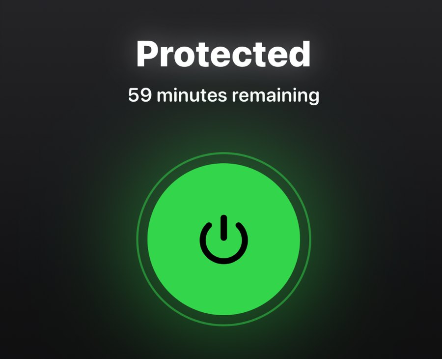 The Focus screen reading Protected, with the green power switch
