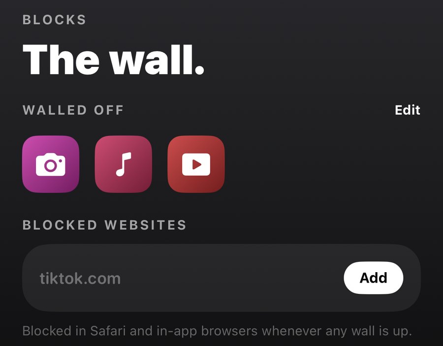 Walled-off apps and a blocked-websites field showing tiktok.com