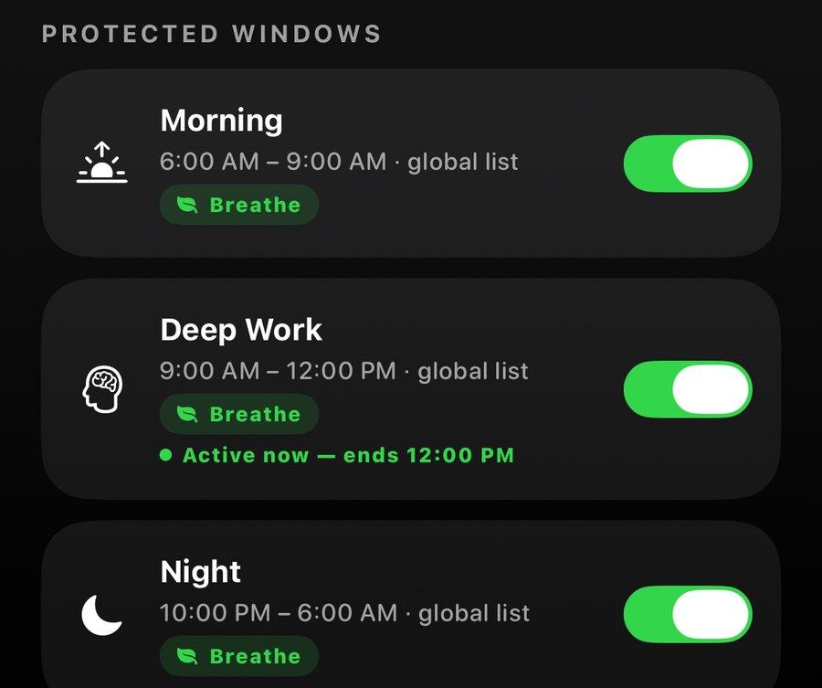 Protected windows for Morning, Deep Work and Night, with Deep Work active