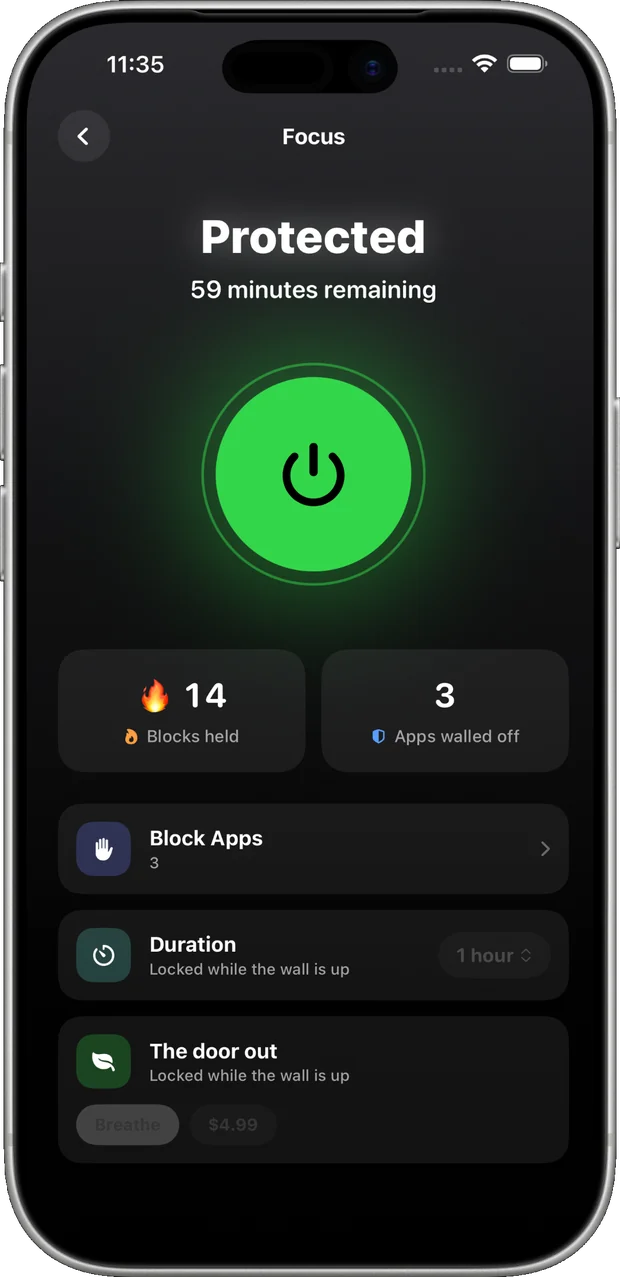 climbr Focus screen reading Protected with 59 minutes remaining